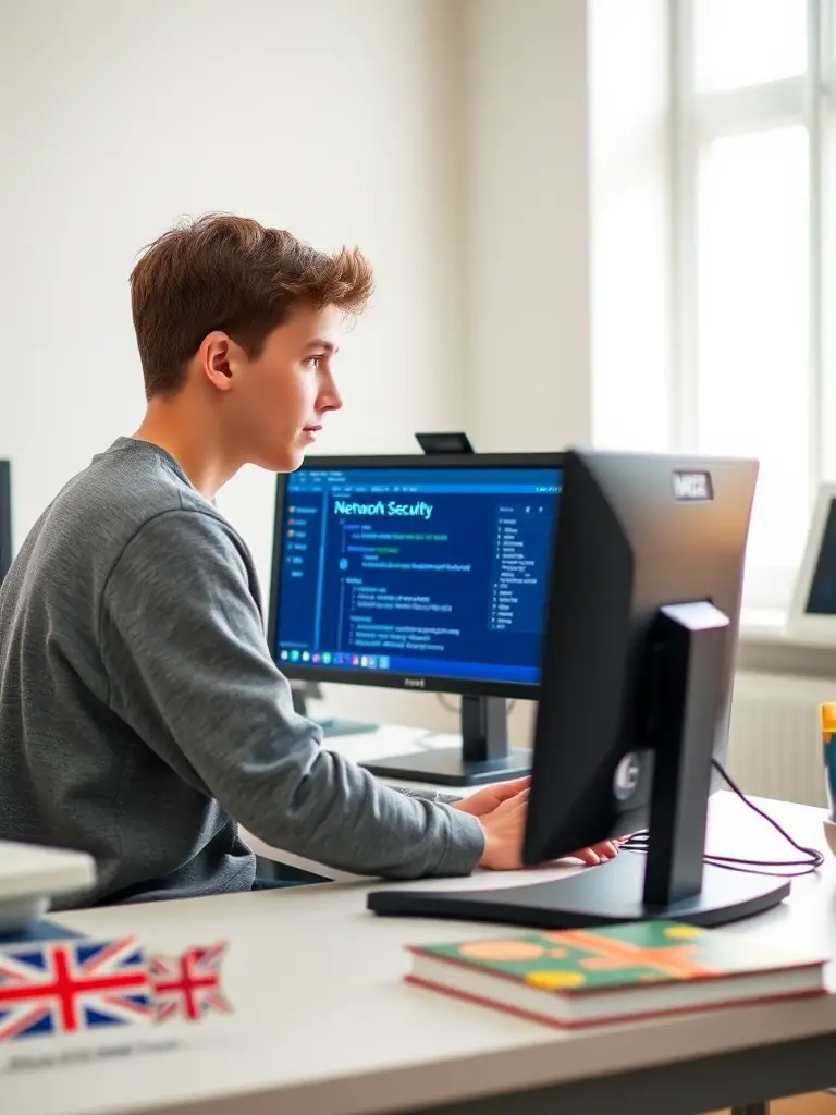 A focused shot of a student successfully completing a network security challenge on a computer, symbolizing hands-on learning.