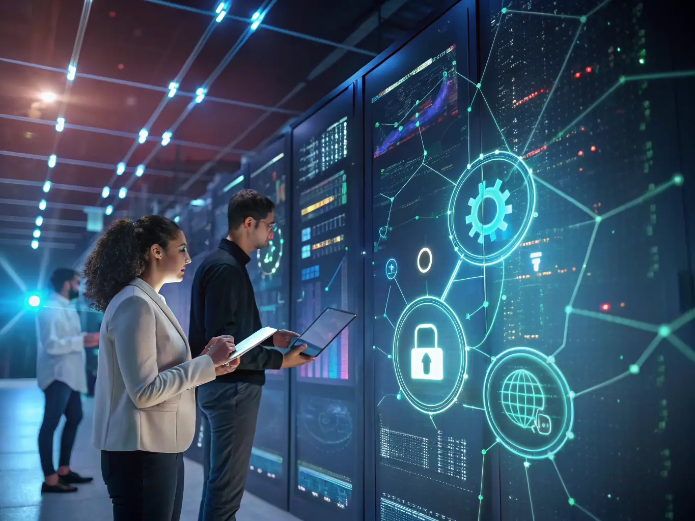 A digital illustration depicting a network security analyst identifying and mitigating a cyber threat, with lines of code and security protocols visible in the background, symbolizing the Network Security module.