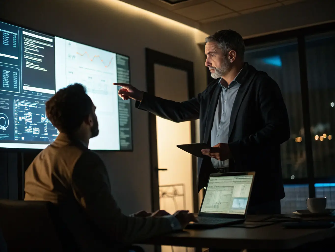 A cybersecurity consultant is presenting security recommendations to a business client in a boardroom. The image should convey professionalism and expertise.