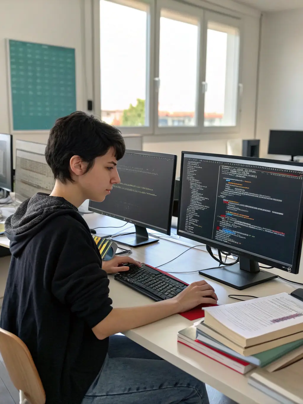 A focused image of a student in a cybersecurity course, deeply engaged in a hands-on lab session, showcasing the practical learning environment at CyberLearn UK.