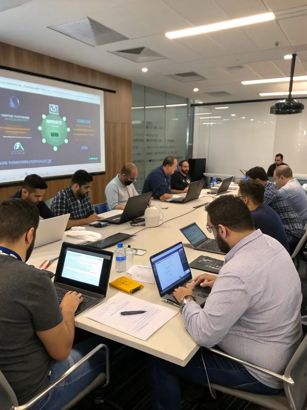 A diverse group of students collaborating on a network security project, using various tools and software to analyze network traffic and identify potential threats, in a well-equipped lab at CyberLearn UK.