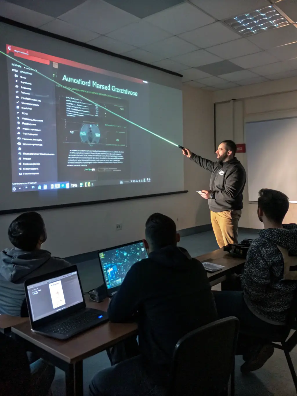 An instructor demonstrating threat intelligence techniques to students, using real-world examples and case studies to illustrate the importance of proactive threat detection, at CyberLearn UK.