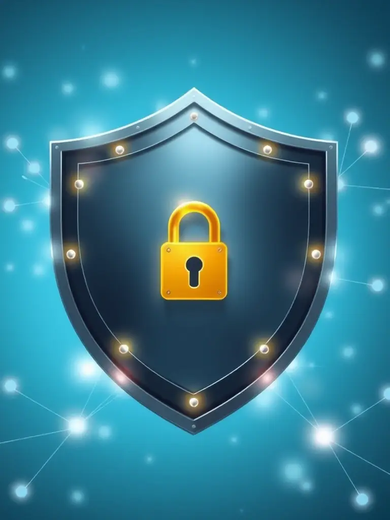 A graphic depicting a shield with a lock, symbolizing data protection and encryption techniques.