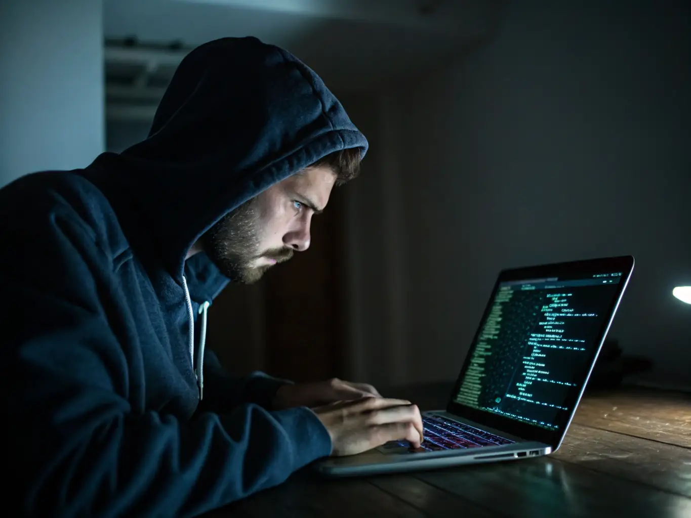 A graphic showing a person in a hoodie using a laptop to perform a penetration test on a secure network, highlighting the tools and techniques used in ethical hacking.