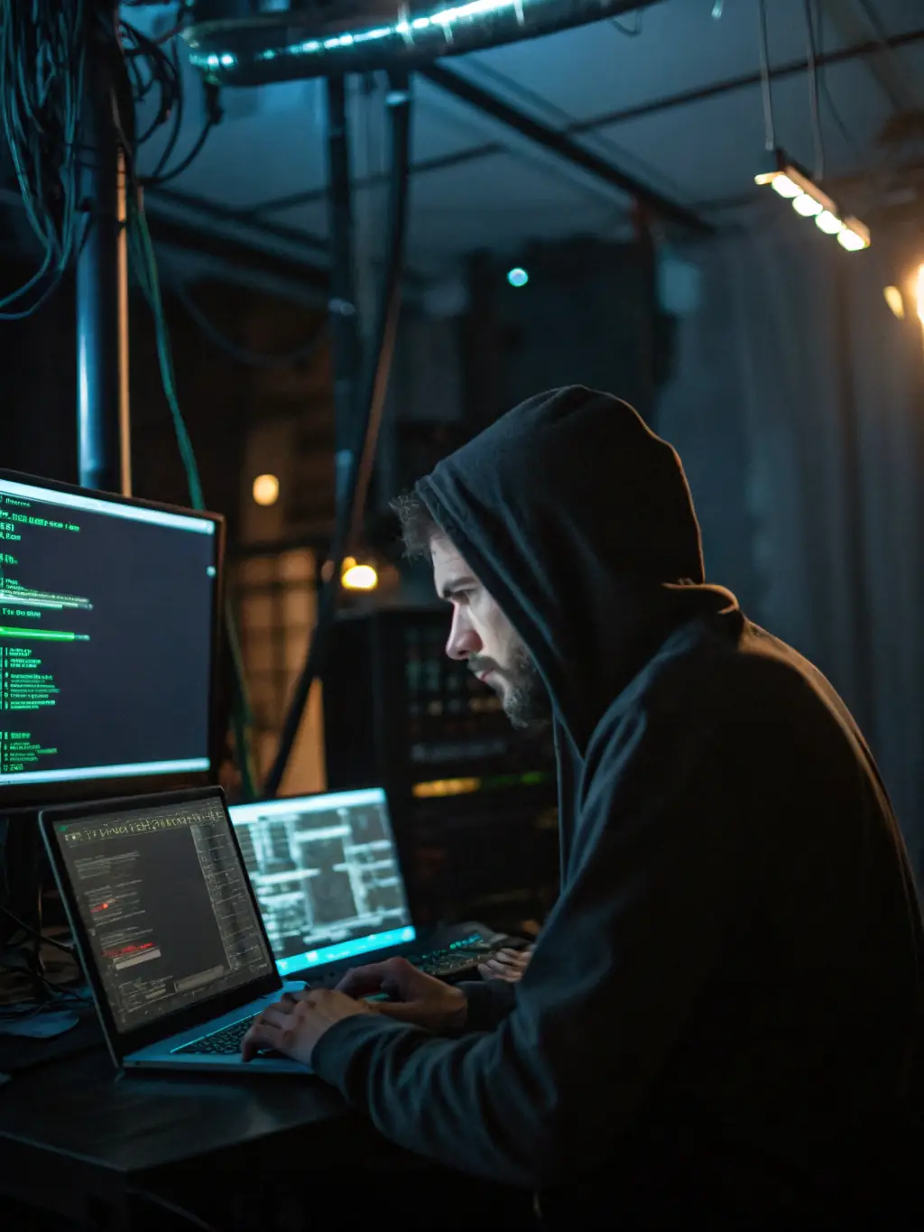 An image of a person ethically hacking into a system with code displayed on multiple monitors, showcasing ethical hacking skills.
