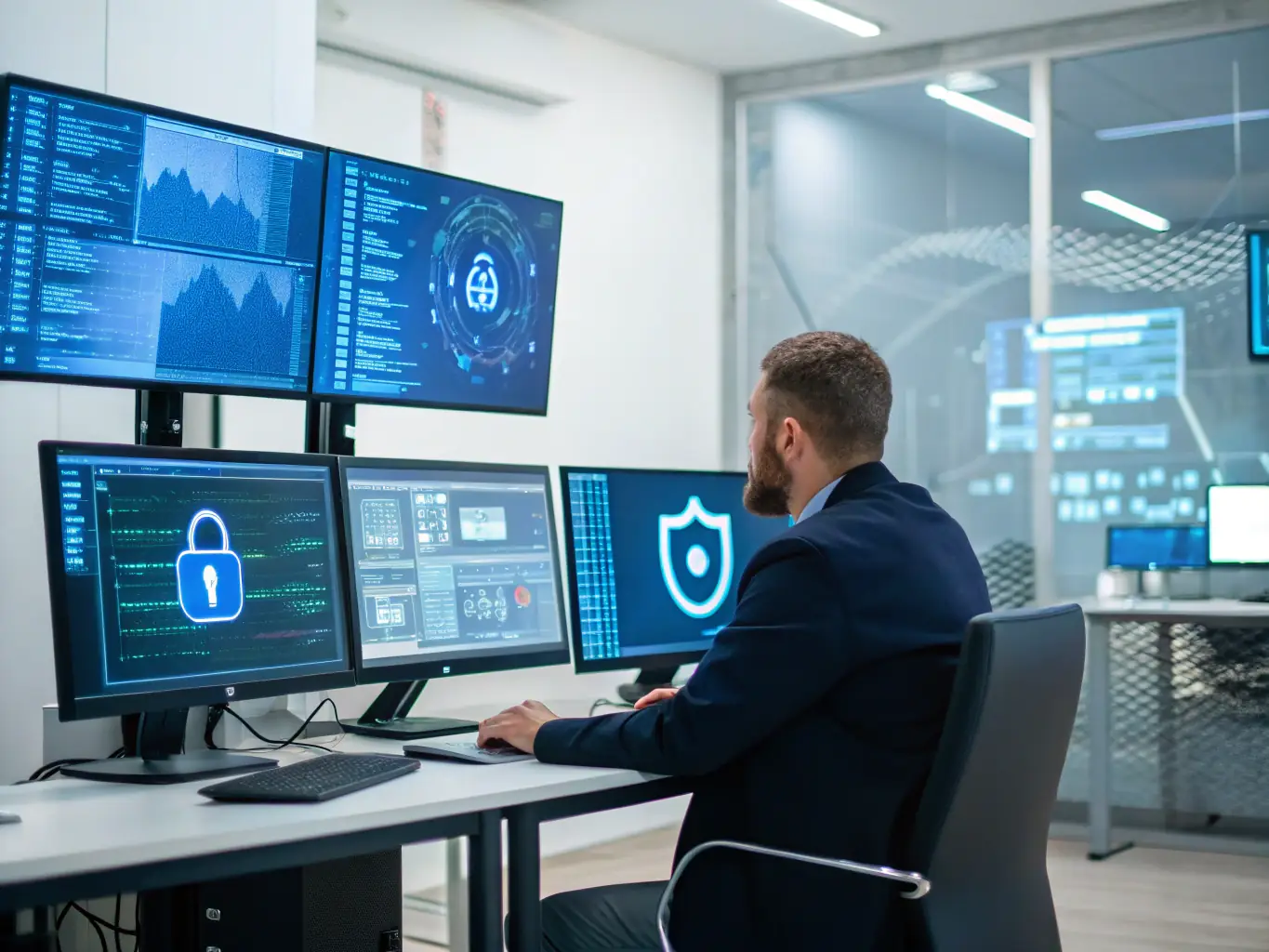 A professional cybersecurity analyst is at their desk, analyzing network traffic and security logs on multiple monitors in a modern office setting. The image should convey a sense of focus and expertise.